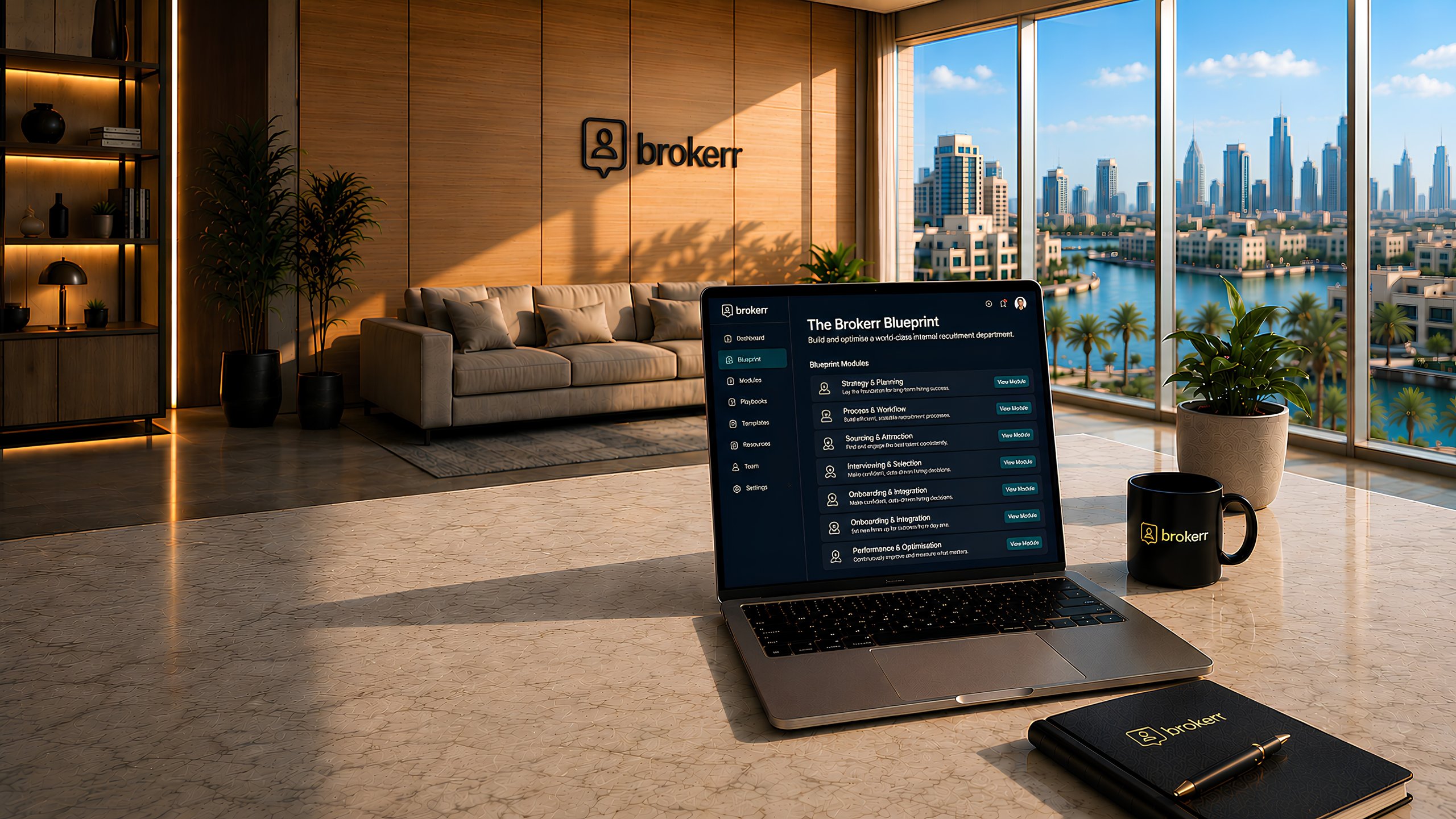 Brokerr Blueprint on a laptop in a premium Dubai office overlooking the skyline